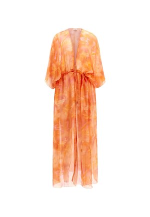 Hosszú, áttetsző kimono különböző narancssárga árnyalatokban, absztrakt virágmintával, megkötős derékkal és széles ujjal.