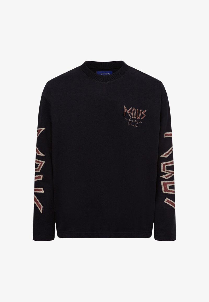 Musta pitkähihaisen t-paita puuvillasta, jossa on pyöreä kaula-aukko, etuosassa brodeeraus ja graafiset kuvastot hihoissa kontrastiväreissä.