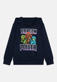 Navy blue sweatshirt with a hood featuring a colorful "Dragon Power" graphic and four character illustrations on the front.