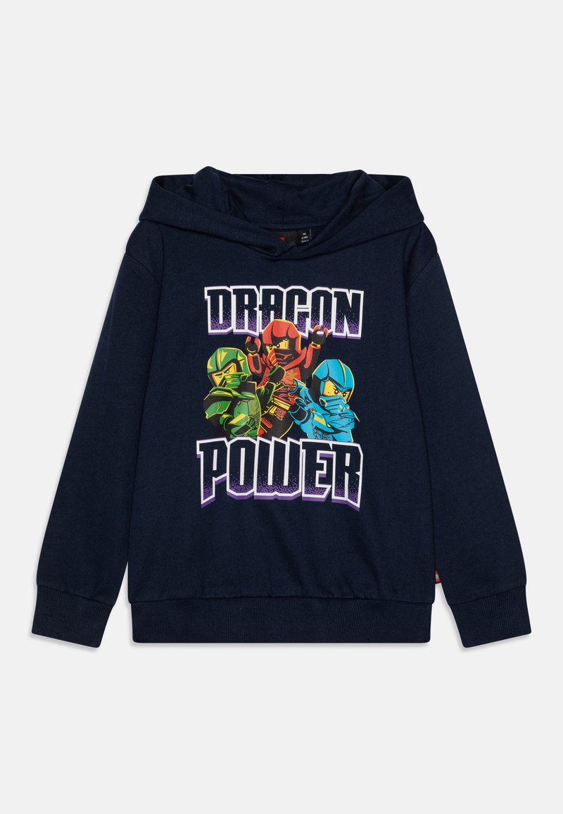 Klasiska tumša jūras zilā krāsā džemperis ar kapuci, uz kura priekšpuses atrodas krāšņs "Dragon Power" grafikas attēls un četri tēlu zīmējumi.