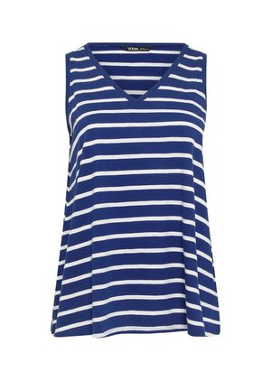 Ärmelloses, marineblaues Oberteil mit weißen horizontalen Streifen und V-Ausschnitt, lockere Passform.