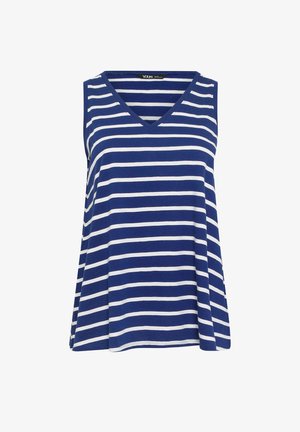 Mouwloos marineblauw topje met witte horizontale strepen en een V-halskraag, losvallende pasvorm.