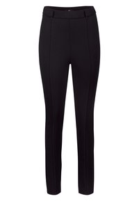 Pantalon noir ajusté en tissu lisse. Présente une taille plate, deux coutures verticales à l'avant et une coupe de jambe tailleur.