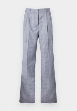 Harmaat ruudulliset housut leveällä lahkeella, joissa on väljät laskokset ja hienovarainen tekstuuri. Valmistettu kevyestä kankaasta, jossa on muotoiltu istuvuus.