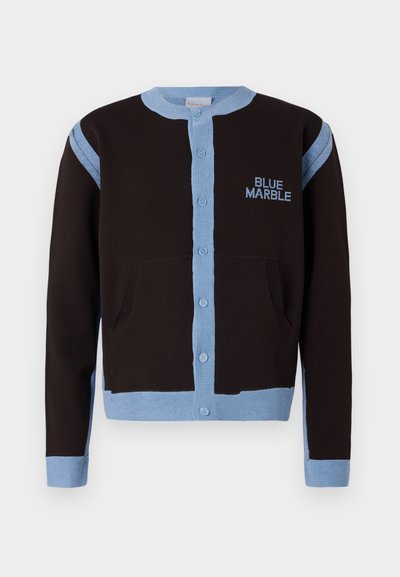 Black cardigan with light blue accents, featuring a button front and pockets. "BLUE MARBLE" logo is embroidered in blue on the chest.