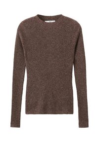 Brązowy sweter z prążkowanego dzianiny, okrągłym dekoltem i długimi rękawami, z teksturowanej tkaniny i dopasowanym krojem.