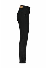 Zwarte skinny jeans met een gladde textuur, voorzien van een standaard ontwerp met vijf zakken, riemlussen en een nep leren taillebandlabel.