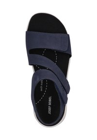 Námořnické modré sandály s dvěma širokými nastavitelnými popruhy, měkkým svrchním materiálem, polstrovanou černou stélkou a podporou klenby pro pohodlí.