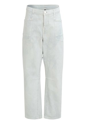 Helleblaue, hochtaillierte Cargo-Hosen aus Denim. Verfügt über zwei Fronttaschen und ein gerades Bein-Design. Glatte Textur, minimale Nähdetails.