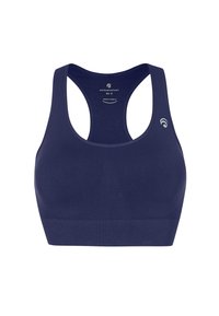 Granatowy stanik sportowy o gładkiej fakturze, z racerback i szerokim pasem. Posiada subtelne detale z logo po boku.