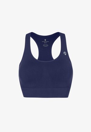 Granatowy stanik sportowy o gładkiej fakturze, z racerback i szerokim pasem. Posiada subtelne detale z logo po boku.