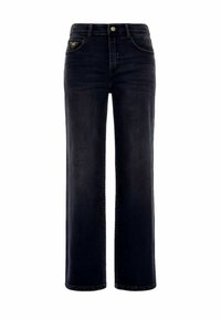 Jeans a gamba dritta blu scuro con tasche anteriori, passanti per cintura e una patch con il marchio sulla tasca anteriore destra.