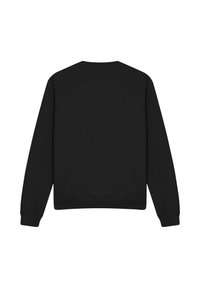 Schwarzes Sweatshirt mit Rundhalsausschnitt, langen Ärmeln und geripptem Saum. Einfaches Design, Baumwollmaterial, glatte Textur, unifarbener Rücken.