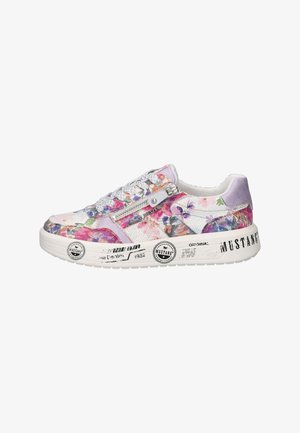 White sneaker with colorful floral print, side zipper, lace-up front, purple suede heel, and printed Mustang logos on the sole.