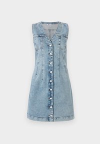 Lys blå denim uten ermer kjole med V-hals, synlig knappelukking foran og diskrete sømdetaljer langs skuldrene og sidene.