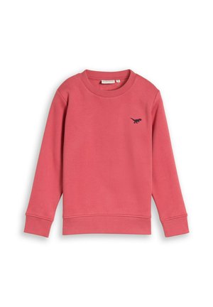 Rotes Sweatshirt mit langen Ärmeln und Rippbündchen an Ärmeln und Saum, mit kleinem schwarzem Dinosaurier-Logo auf der linken Brust.