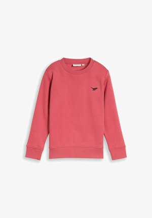 Rotes Sweatshirt mit langen Ärmeln und Rippbündchen an Ärmeln und Saum, mit kleinem schwarzem Dinosaurier-Logo auf der linken Brust.
