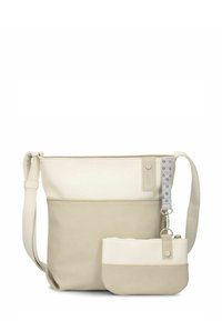 Borsa a tracolla bicolore beige e crema con tracolla regolabile e piccola pochette abbinata, agganciata da una clip con motivo floreale.