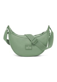 Zelená látková crossbody taška s zakřiveným designem, nastavitelným popruhem a obdélníkovou nášivkou s textem "JOHNNY URBAN."