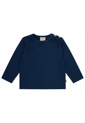 Maglietta a maniche lunghe a coste di colore blu navy con scollatura rotonda e due bottoni in legno sulla spalla sinistra. Presenta un'etichetta laterale decorativa.
