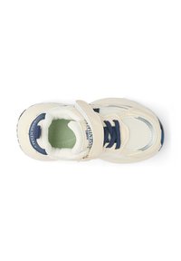 Sneaker featuring a cream and navy color scheme, mesh and synthetic material, lace and hook-and-loop closure, with a green insole.