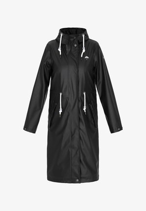 Schwarzer wasserdichter Regenmantel mit Kapuze, verstellbaren Kordeln, Reißverschlusstaschen und geradem Schnitt. Glatte Textur und schlichtes Design.