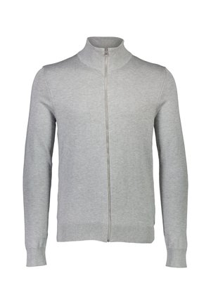 Cárdigan de cremallera gris claro hecho de suave tejido de punto. Cuenta con un cuello alto, mangas largas, puños acanalados y un dobladillo recto.