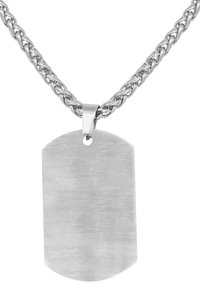 Silver-toned dog tag pendant on a braided chain. The tag features a brushed metal finish with rounded corners and a central hole for attachment.