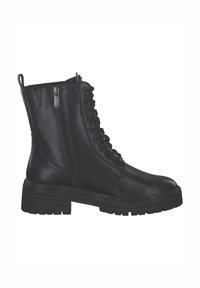 Botte de cheville en cuir noir avec un lacet à l'avant et une fermeture éclair sur le côté. Dotée d'une semelle épaisse avec un subtil accent de paillettes le long de la base.