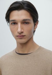 Ljusbrun tröja med rund halsringning, mjuk textur, bädd över en mörk skjorta. Personen har rakt mörkt hår och ett neutralt uttryck.