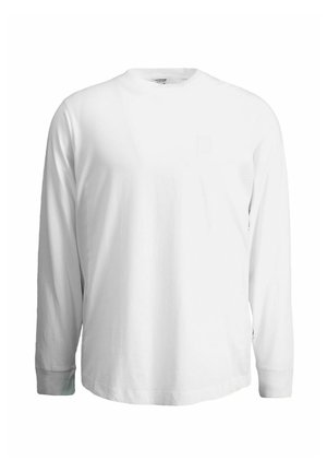 Weißes Langarm-T-Shirt aus Baumwolle mit Rundhalsausschnitt, geradem Schnitt und einem kleinen gestickten Quadrat-Detail auf der Brust.