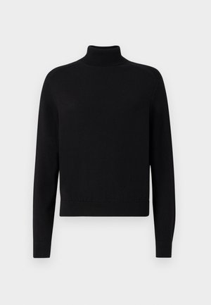 Maglione nero a collo alto con maniche lunghe, polsini a costine e orlo aderente. Texture morbida, design semplice e colore solido senza fantasie.
