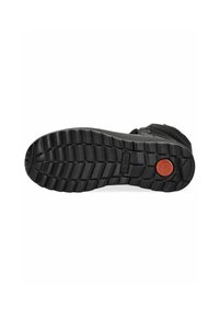 Suola di scarpa in gomma nera con una finitura testurizzata e decorata. Presenta un dettaglio logo circolare rosso sul tallone e un design della battistrada per una migliore aderenza.