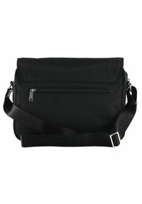 Borsa a tracolla nera con chiusura a patta, tasca esterna con zip e tracolla regolabile con branding in rilievo. Realizzata in un tessuto resistente e texture.