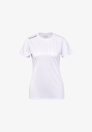 Hvid T-shirt med korte ærmer lavet af glat teknisk stof, med rund hals og en diskret logo-detalje på venstre skulder.