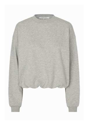 Gray cropped sweatshirt made of soft fabric, featuring a round neckline, dropped shoulders, and ribbed cuffs with a gathered hem detail.