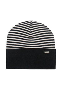 Beanie a righe in maglia con orlo piegato nero. Presenta righe alternate nere e bianche, una texture morbida e un piccolo dettaglio con logo metallico.