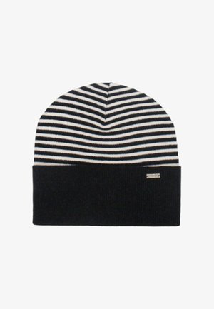 Beanie a righe in maglia con orlo piegato nero. Presenta righe alternate nere e bianche, una texture morbida e un piccolo dettaglio con logo metallico.