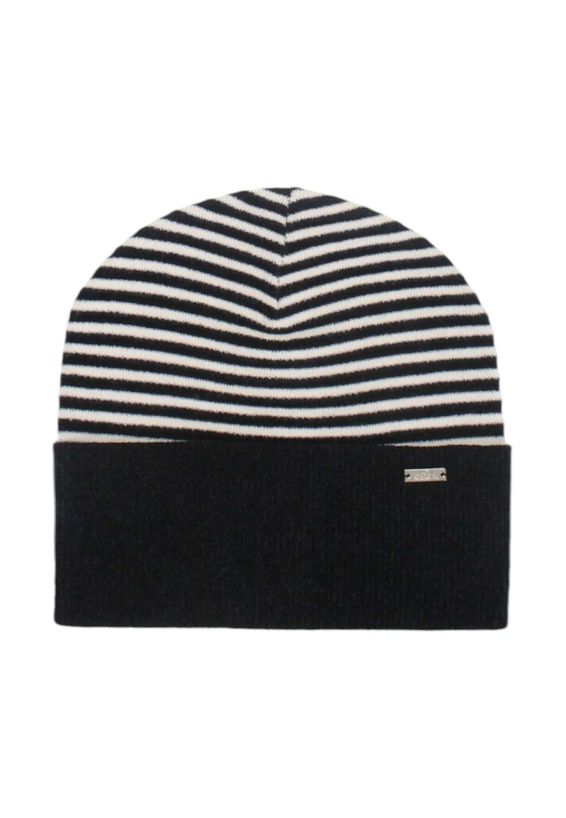 Beanie a righe in maglia con orlo piegato nero. Presenta righe alternate nere e bianche, una texture morbida e un piccolo dettaglio con logo metallico.