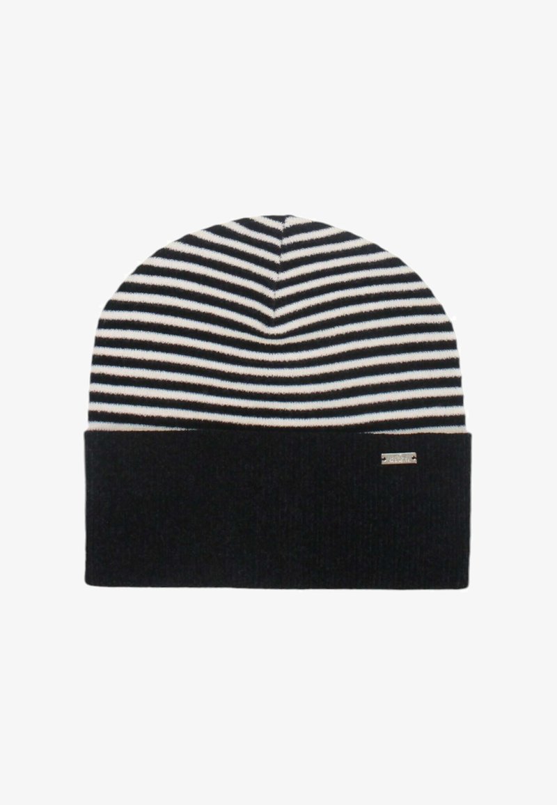 Beanie a righe in maglia con orlo piegato nero. Presenta righe alternate nere e bianche, una texture morbida e un piccolo dettaglio con logo metallico.