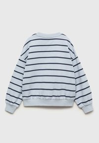 Hanorac bleu deschis cu dungi orizontale bleumarin, cu mansete și tiv ribbed. Material moale și design confortabil cu guler rotunjit.