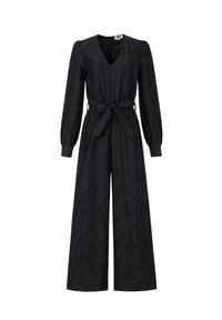 Schwarzer Jumpsuit mit langen Ärmeln, V-Ausschnitt, weiten Beinen, gerafften Manschetten und einem Taillengürtel, der ein dezentes Strukturmuster aufweist.