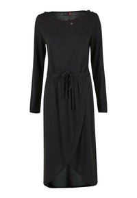 Schwarzes langärmliges Kleid mit rundem Ausschnitt, Kordelzug in der Taille und Wickelstil am Saum. Hergestellt aus weichem, glattem Stoff mit einem subtilen Glanz.