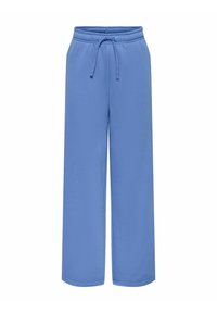 Jasnoniebieskie dresy wykonane z miękkiego materiału, z elastycznym paskiem w talii ze sznurkiem oraz szerokimi, prostymi nogawkami.