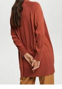 Pull tricoté couleur rouille, coupe décontractée, manches longues et poignets côtelés, avec une couture au dos et un ourlet asymétrique.