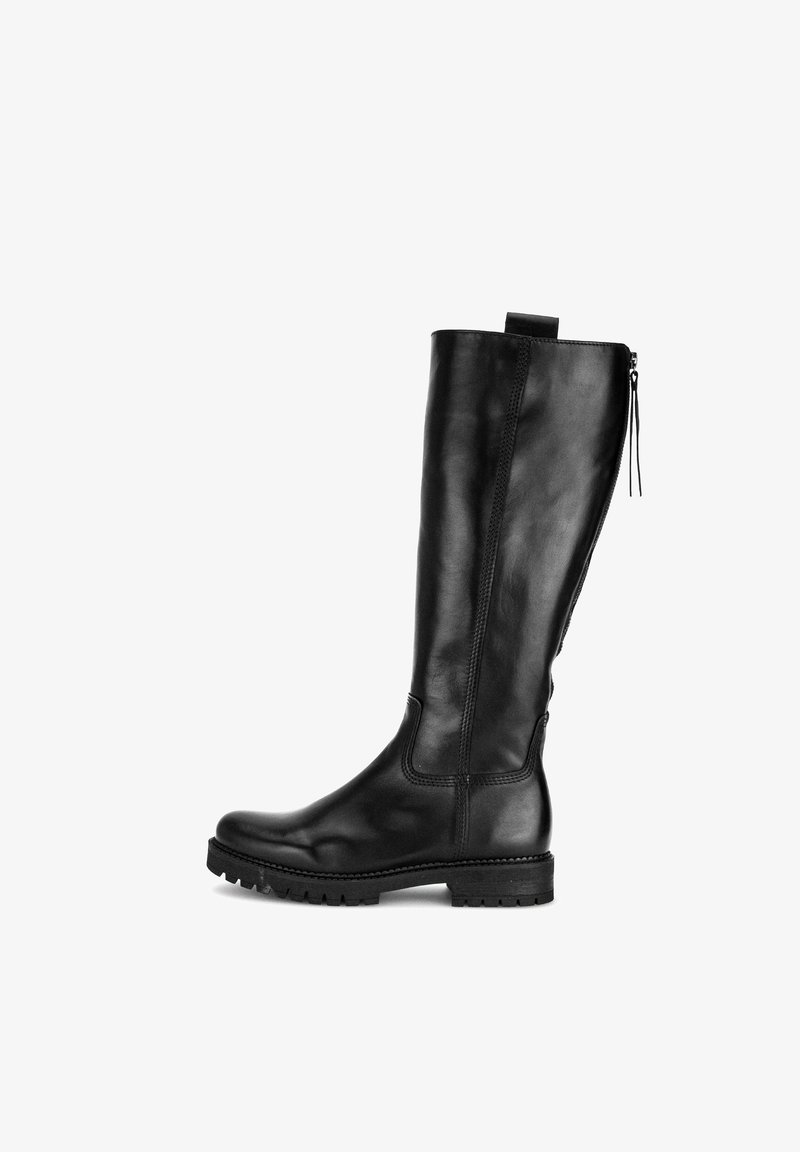 Botte noire en cuir montée jusqu'au genou avec une surface texturée, une fermeture éclair sur le côté et une semelle robuste pour une meilleure adhérence.