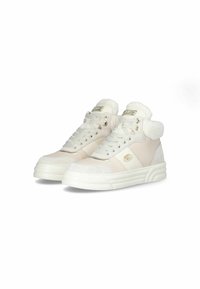 Sneaker alte in morbido beige e crema, con colletto imbottito, dettagli dorati, suede testurizzato e materiale sintetico liscio.
