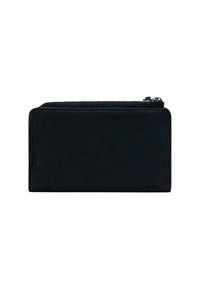 Portafoglio nero con una texture liscia, chiusura con zip, forma rettangolare e design minimalista. Presenta un marchio discreto sulla parte anteriore.