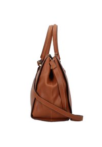 Bruine leren handtas met twee bovenhandvatten, een afneembare schouderriem en een slouchy ontwerp. Voorzien van goudkleurige hardware en contrasterende stiksels.