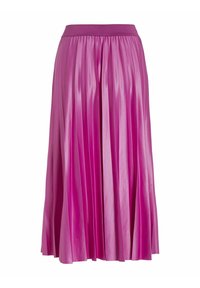 Gonna midi plissettata in raso fucsia brillante con una ampia vita elasticizzata. Presenta una texture liscia e lucida e un drappeggio che scende in cascata.